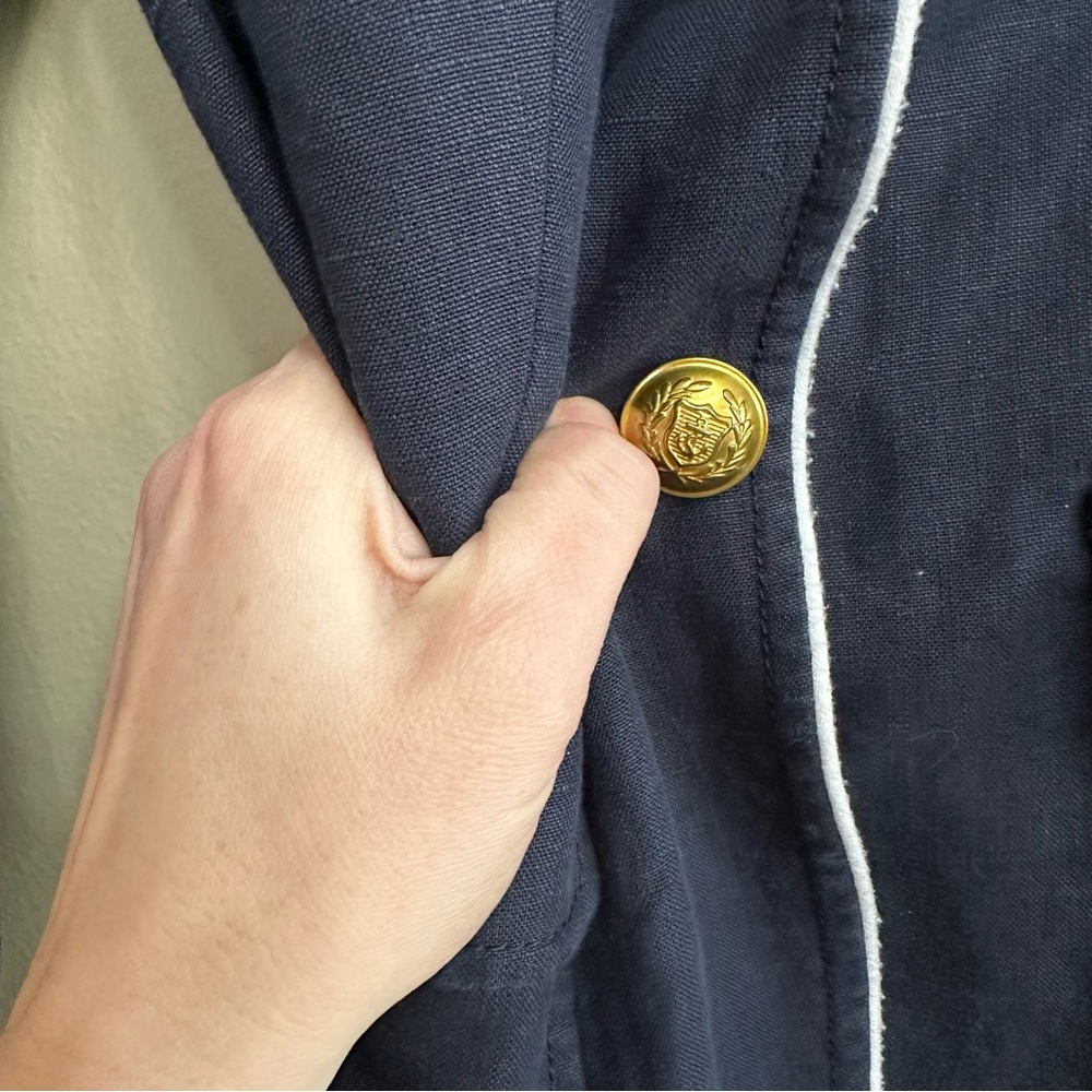 J. Crew Linen Rhodes Blazer in Navy with White Piping and Nautical Buttons - Picture 6 of 16